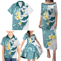 Maori Manta Ray Plumeria Teal Family Matching Puletasi and Hawaiian Shirt