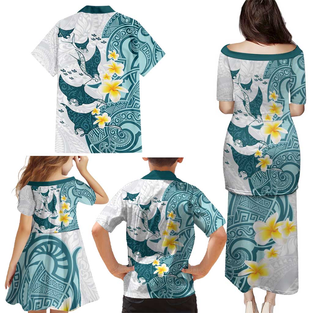 Maori Manta Ray Plumeria Teal Family Matching Puletasi and Hawaiian Shirt