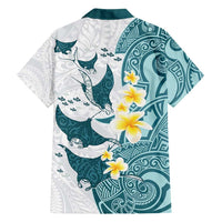 Maori Manta Ray Plumeria Teal Family Matching Puletasi and Hawaiian Shirt
