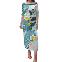 Maori Manta Ray Plumeria Teal Family Matching Puletasi and Hawaiian Shirt