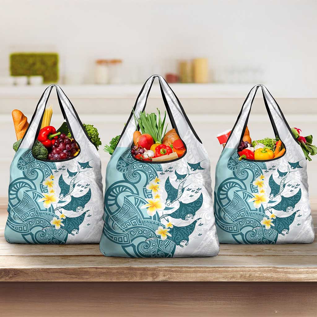 Maori Manta Ray Plumeria Teal Grocery Bag