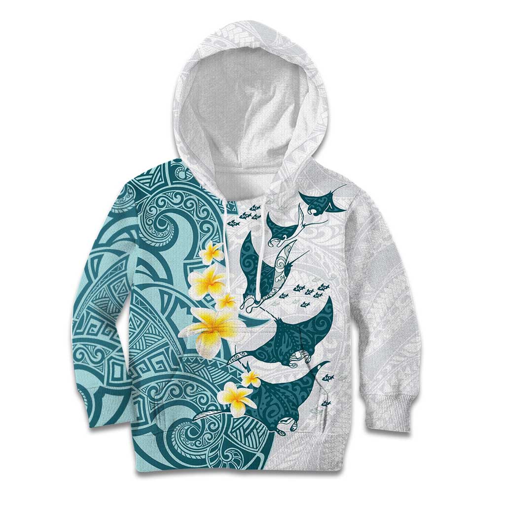Maori Manta Ray Plumeria Teal Kid Hoodie LT01 Hoodie Teal - Polynesian Pride