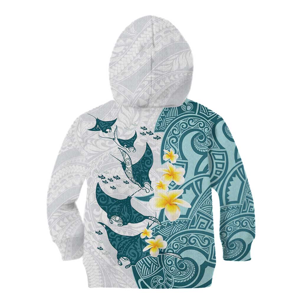 Maori Manta Ray Plumeria Teal Kid Hoodie