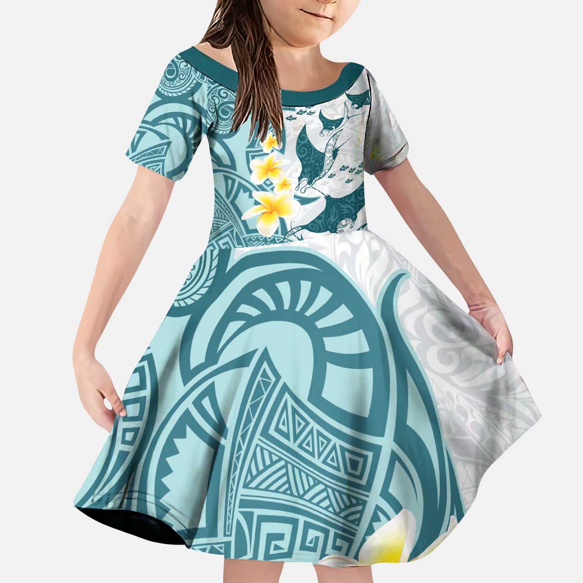 Maori Manta Ray Plumeria Teal Kid Short Sleeve Dress