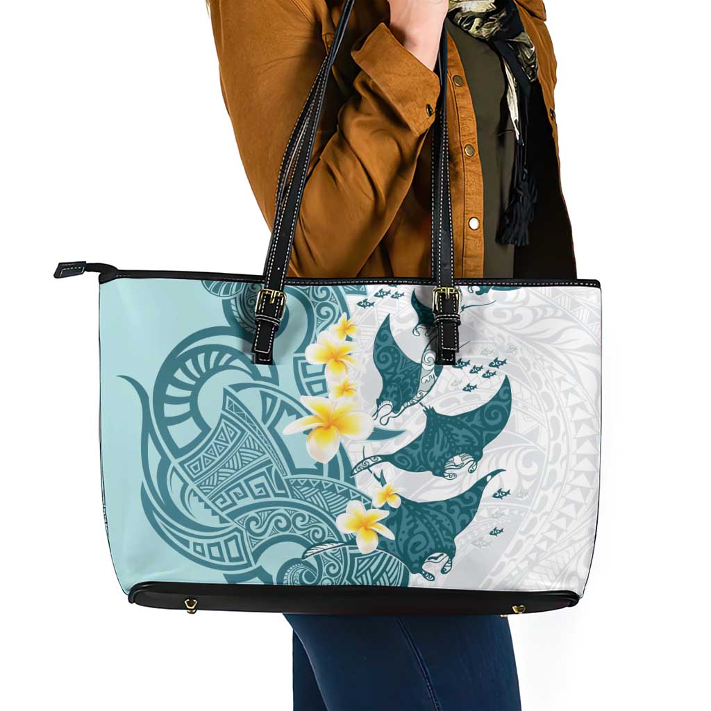 Maori Manta Ray Plumeria Teal Leather Tote Bag