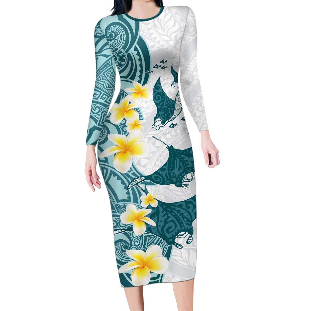 Maori Manta Ray Plumeria Teal Long Sleeve Bodycon Dress LT01 Long Dress Teal - Polynesian Pride