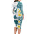 Maori Manta Ray Plumeria Teal Long Sleeve Bodycon Dress