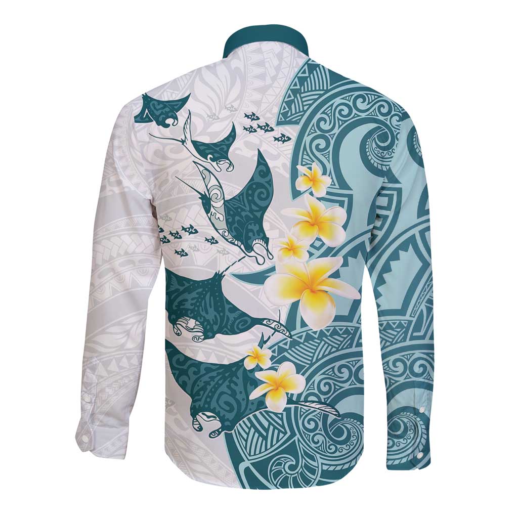 Maori Manta Ray Plumeria Teal Long Sleeve Button Shirt