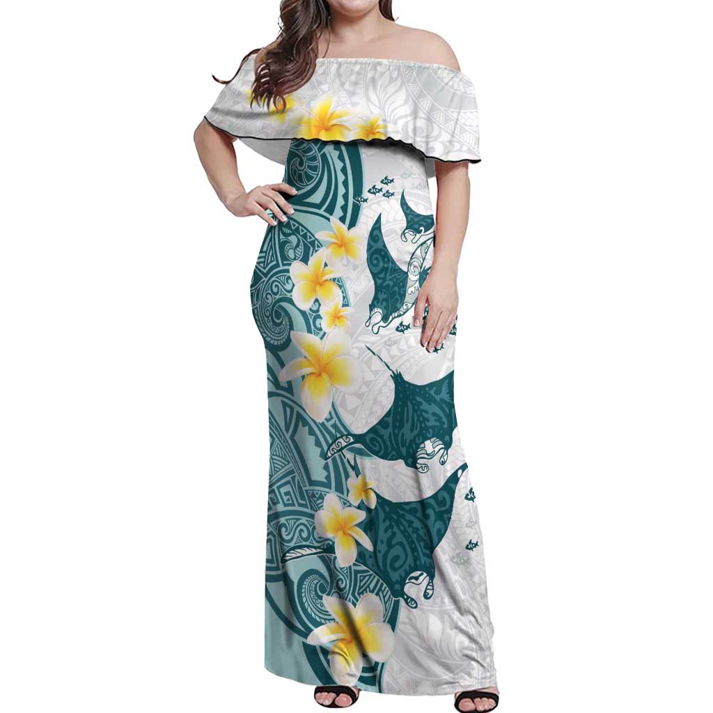 Maori Manta Ray Plumeria Teal Off Shoulder Maxi Dress