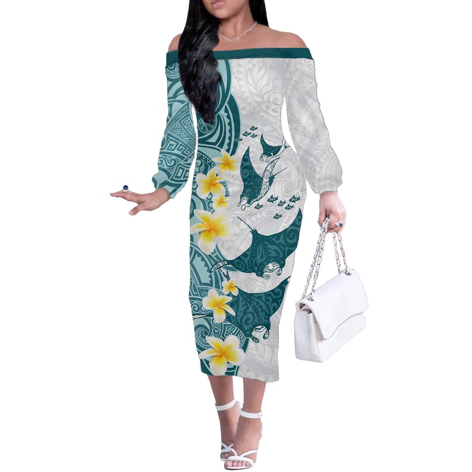 Maori Manta Ray Plumeria Teal Off The Shoulder Long Sleeve Dress LT01 Women Teal - Polynesian Pride