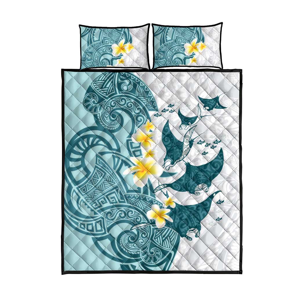 Maori Manta Ray Plumeria Teal Quilt Bed Set