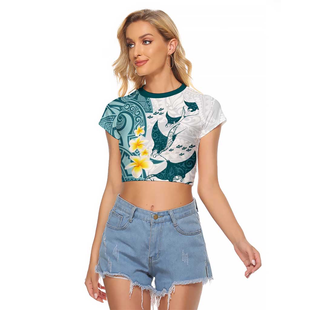 Maori Manta Ray Plumeria Teal Raglan Cropped T Shirt