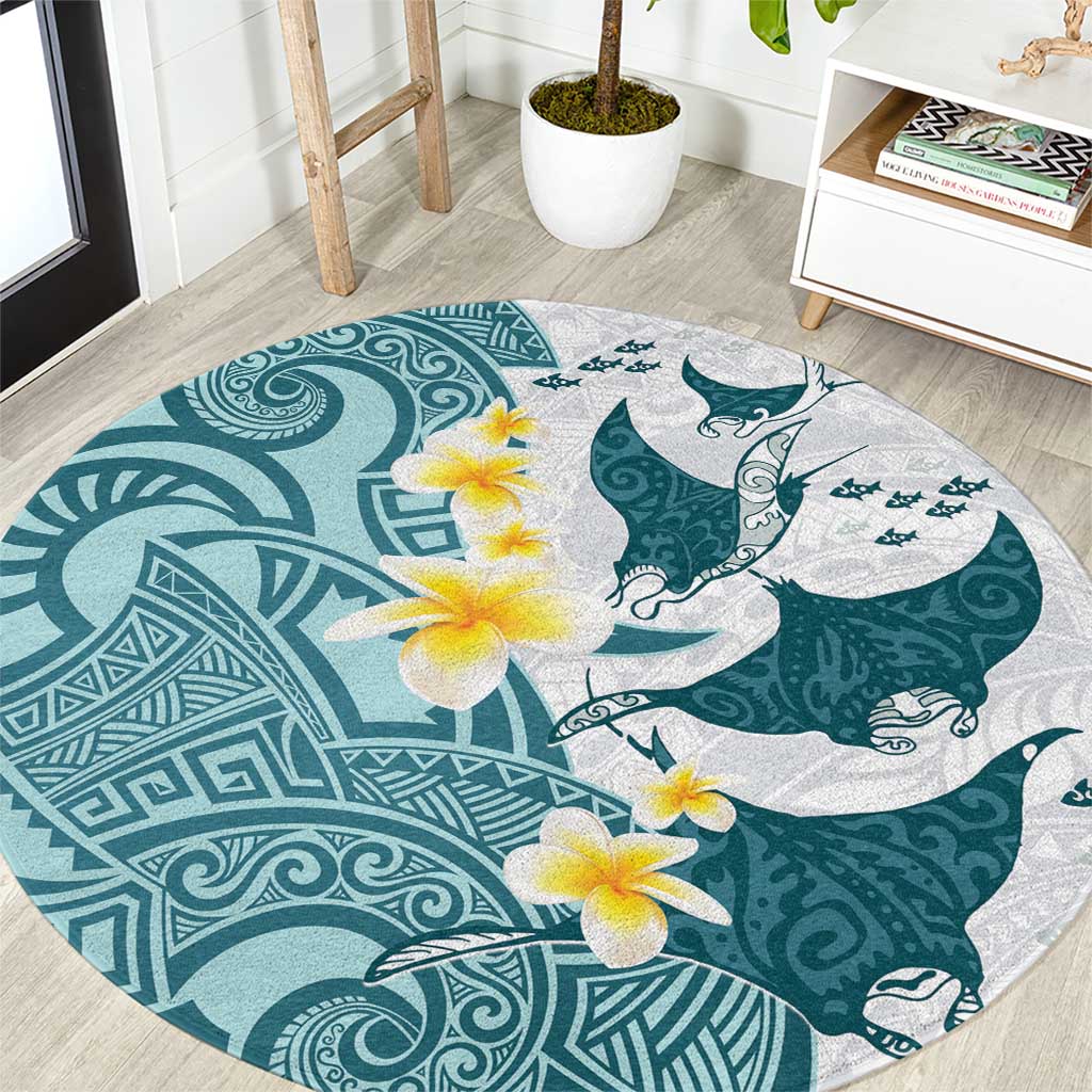 Maori Manta Ray Plumeria Teal Round Carpet LT01 Teal - Polynesian Pride