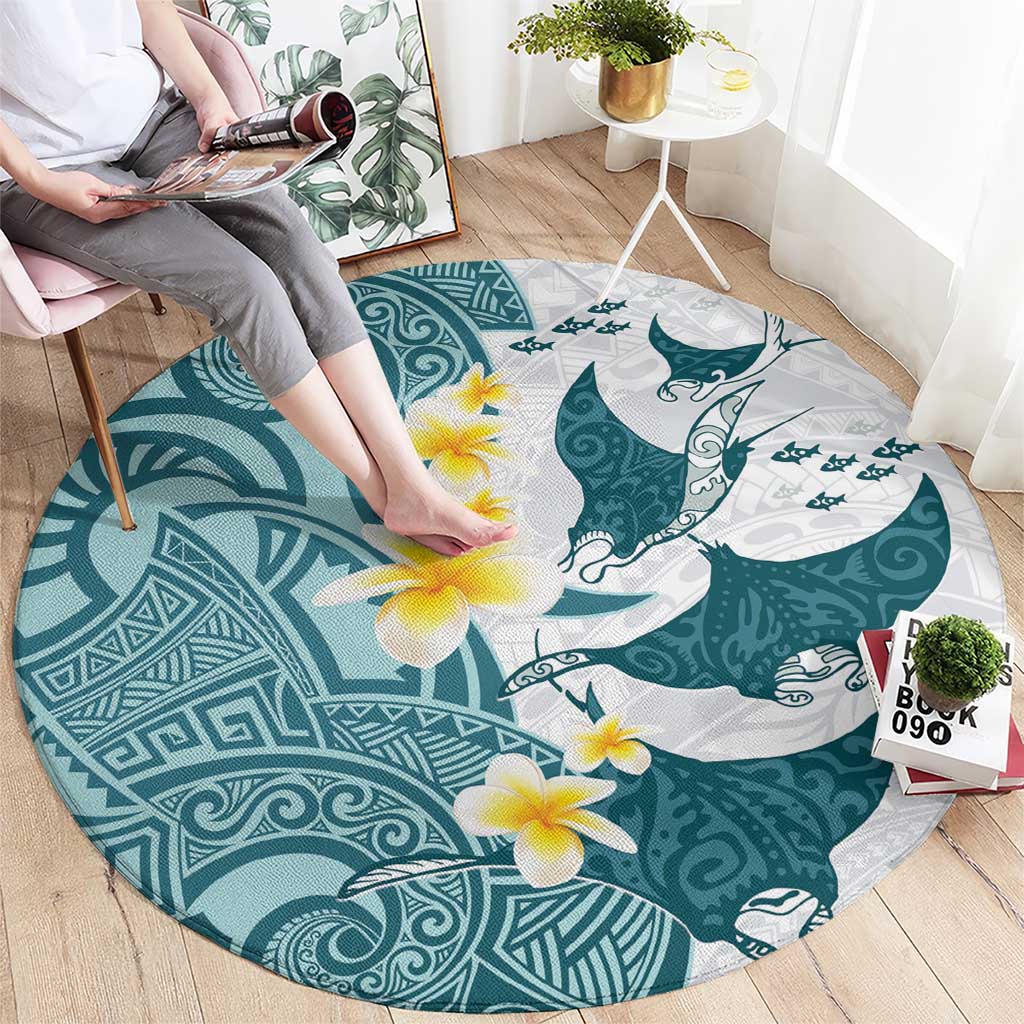 Maori Manta Ray Plumeria Teal Round Carpet LT01 - Polynesian Pride
