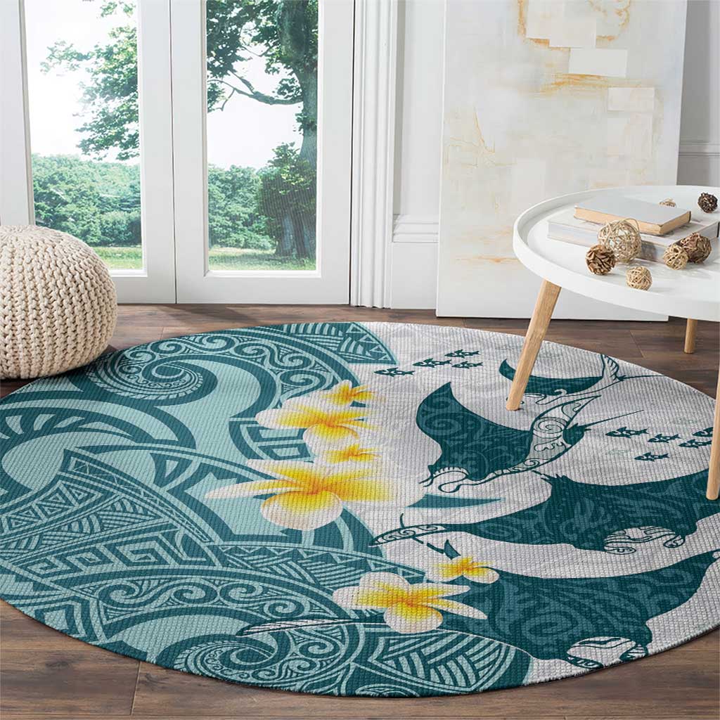Maori Manta Ray Plumeria Teal Round Carpet LT01 - Polynesian Pride