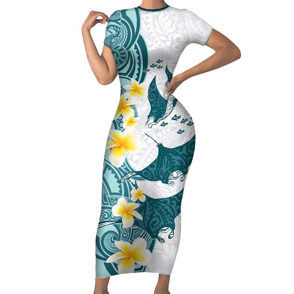 Maori Manta Ray Plumeria Teal Short Sleeve Bodycon Dress LT01 Long Dress Teal - Polynesian Pride