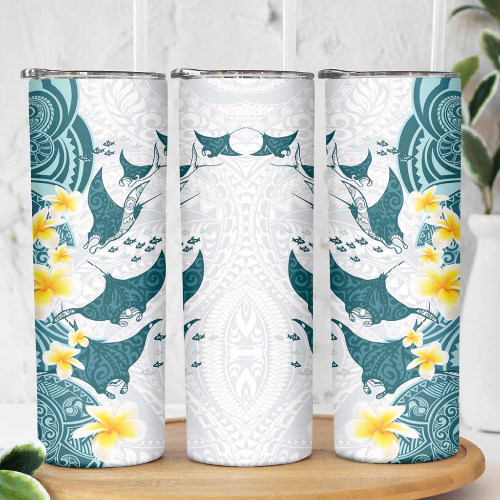 Maori Manta Ray Plumeria Teal Skinny Tumbler