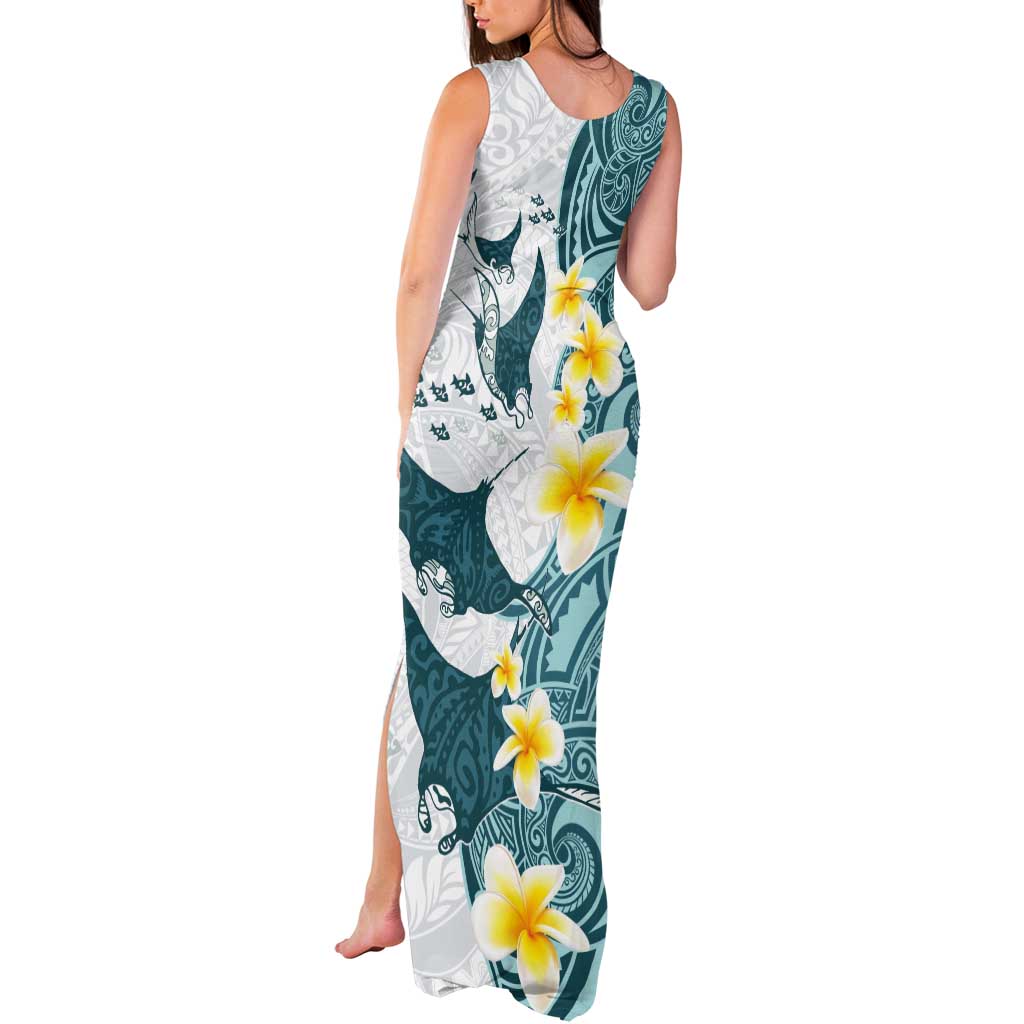 Maori Manta Ray Plumeria Teal Tank Maxi Dress