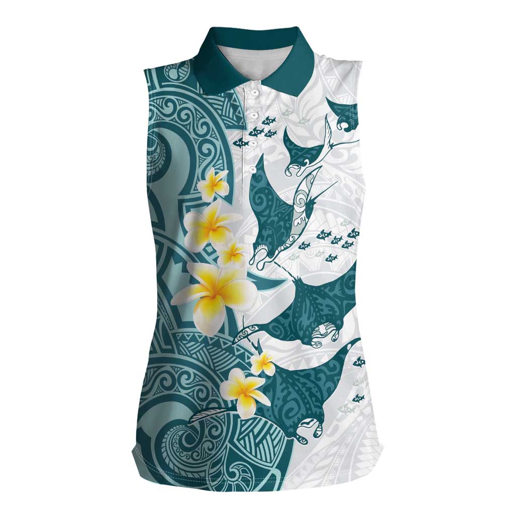 Maori Manta Ray Plumeria Teal Women Sleeveless Polo Shirt LT01 Female Teal - Polynesian Pride