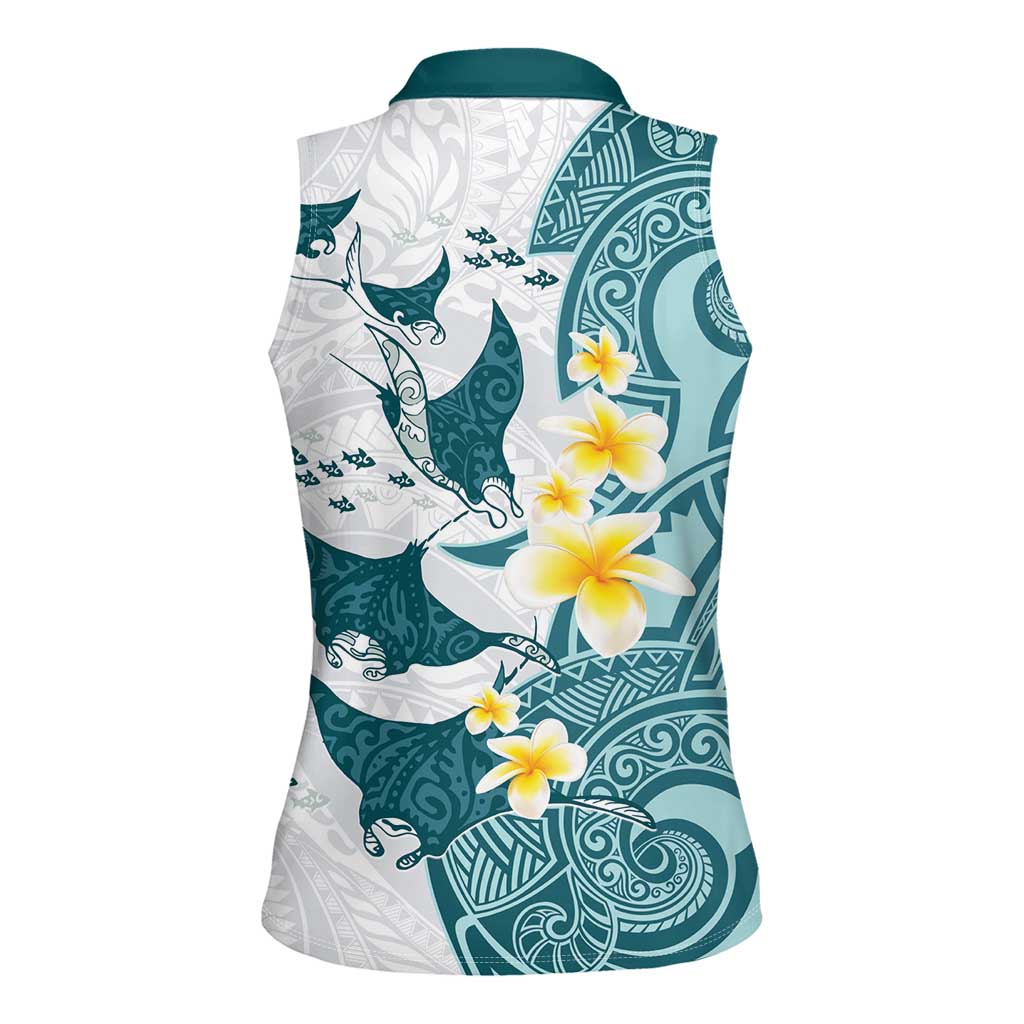Maori Manta Ray Plumeria Teal Women Sleeveless Polo Shirt LT01 - Polynesian Pride