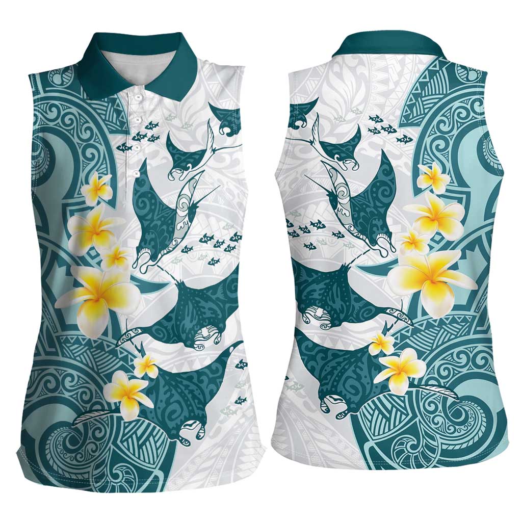 Maori Manta Ray Plumeria Teal Women Sleeveless Polo Shirt LT01 - Polynesian Pride