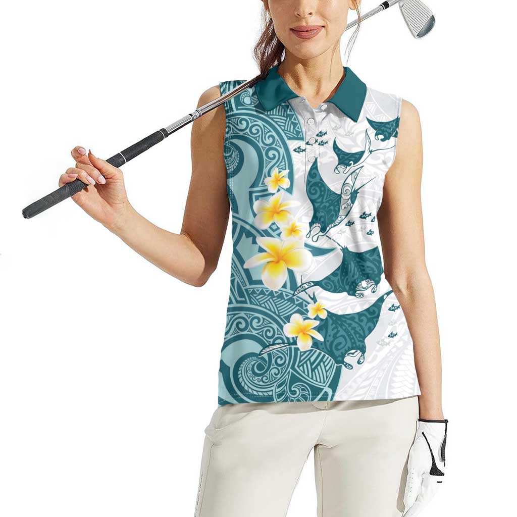 Maori Manta Ray Plumeria Teal Women Sleeveless Polo Shirt LT01 - Polynesian Pride