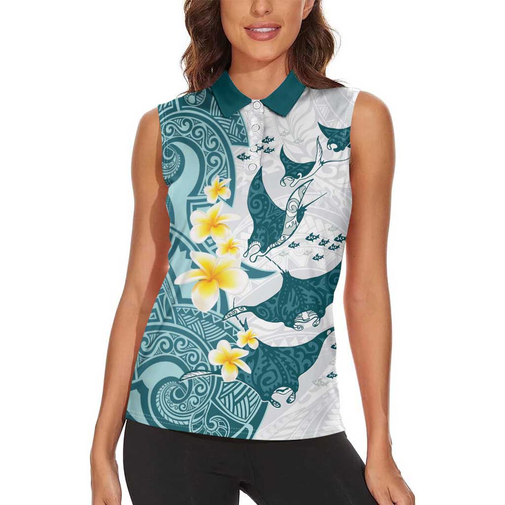 Maori Manta Ray Plumeria Teal Women Sleeveless Polo Shirt LT01 - Polynesian Pride