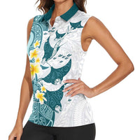 Maori Manta Ray Plumeria Teal Women Sleeveless Polo Shirt LT01 - Polynesian Pride