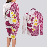 Maori Manta Ray Plumeria Royal Pink Couples Matching Long Sleeve Bodycon Dress and Long Sleeve Button Shirt