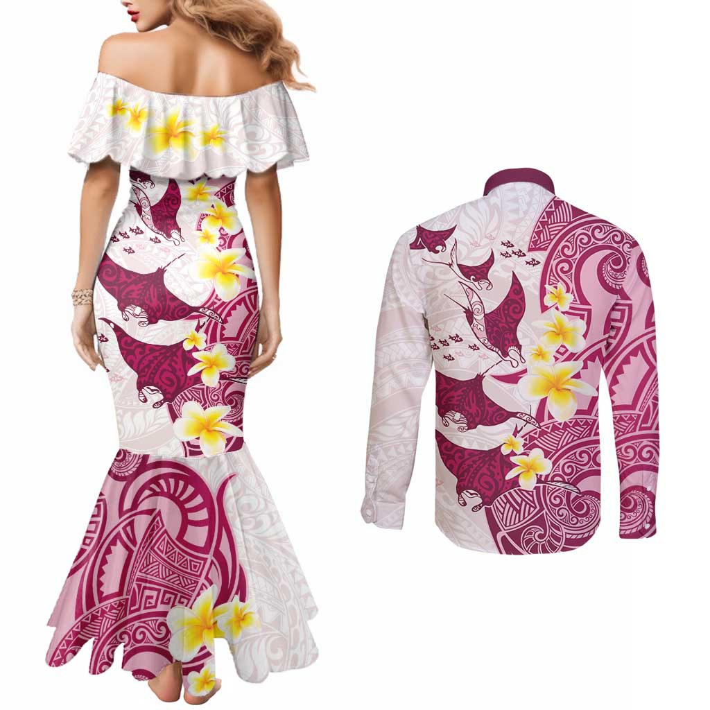 Maori Manta Ray Plumeria Royal Pink Couples Matching Mermaid Dress and Long Sleeve Button Shirt