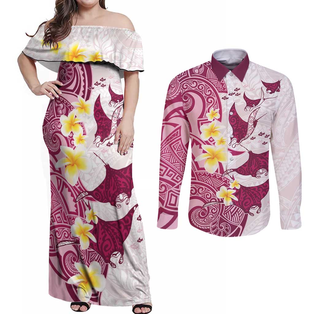 Maori Manta Ray Plumeria Royal Pink Couples Matching Off Shoulder Maxi Dress and Long Sleeve Button Shirt