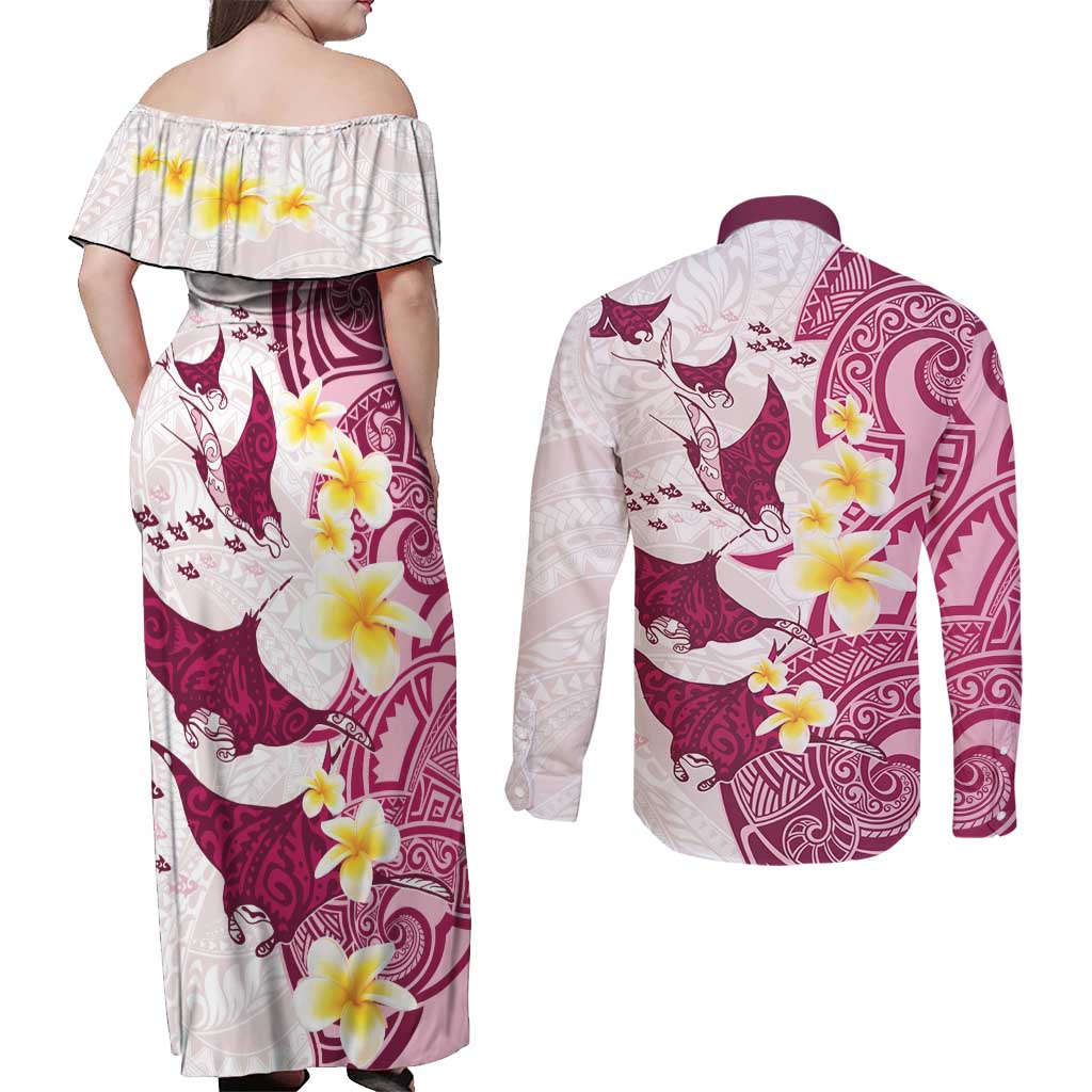 Maori Manta Ray Plumeria Royal Pink Couples Matching Off Shoulder Maxi Dress and Long Sleeve Button Shirt