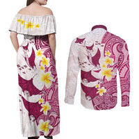Maori Manta Ray Plumeria Royal Pink Couples Matching Off Shoulder Maxi Dress and Long Sleeve Button Shirt