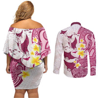 Maori Manta Ray Plumeria Royal Pink Couples Matching Off Shoulder Short Dress and Long Sleeve Button Shirt