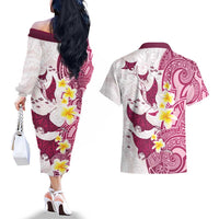 Maori Manta Ray Plumeria Royal Pink Couples Matching Off The Shoulder Long Sleeve Dress and Hawaiian Shirt