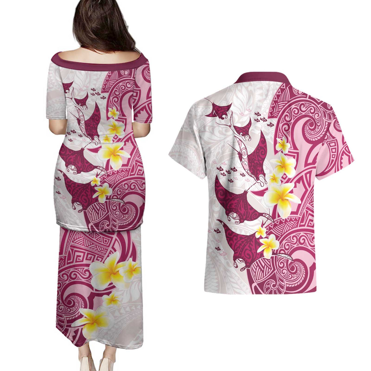 Maori Manta Ray Plumeria Royal Pink Couples Matching Puletasi and Hawaiian Shirt