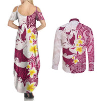 Maori Manta Ray Plumeria Royal Pink Couples Matching Summer Maxi Dress and Long Sleeve Button Shirt