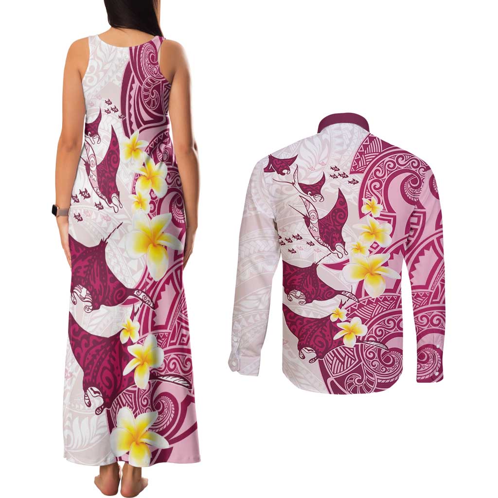 Maori Manta Ray Plumeria Royal Pink Couples Matching Tank Maxi Dress and Long Sleeve Button Shirt