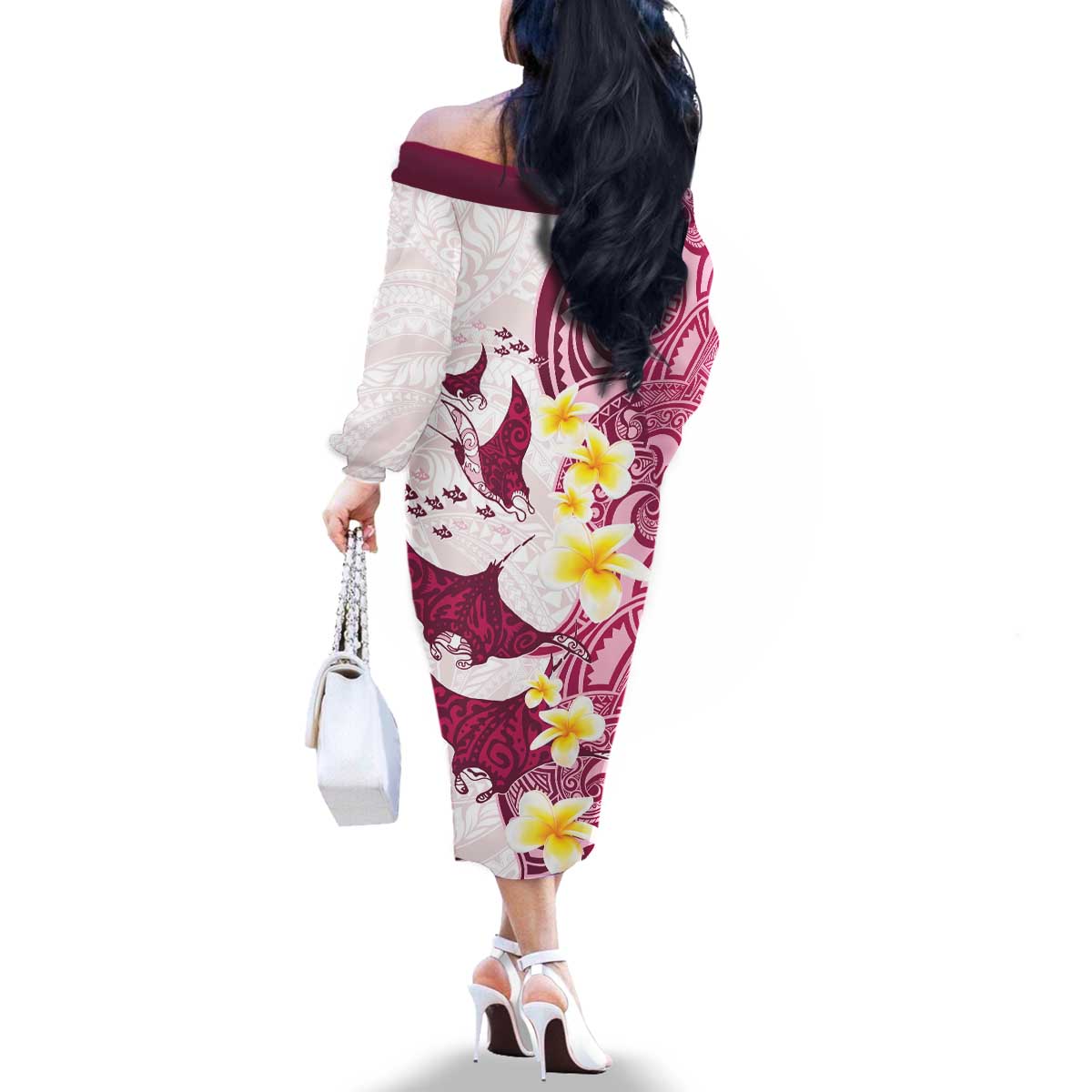 Maori Manta Ray Plumeria Royal Pink Family Matching Off The Shoulder Long Sleeve Dress and Hawaiian Shirt