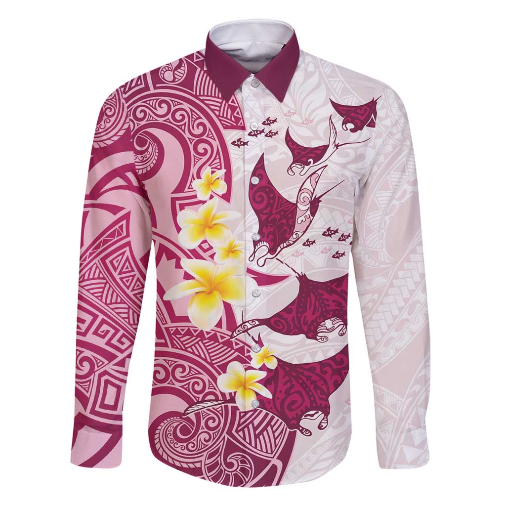 Maori Manta Ray Plumeria Royal Pink Family Matching Summer Maxi Dress and Hawaiian Shirt LT01 Dad's Shirt - Long Sleeve Pink - Polynesian Pride