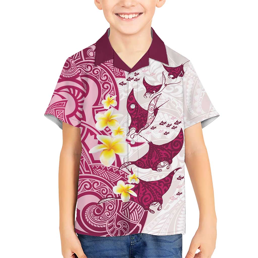Maori Manta Ray Plumeria Royal Pink Kid Hawaiian Shirt