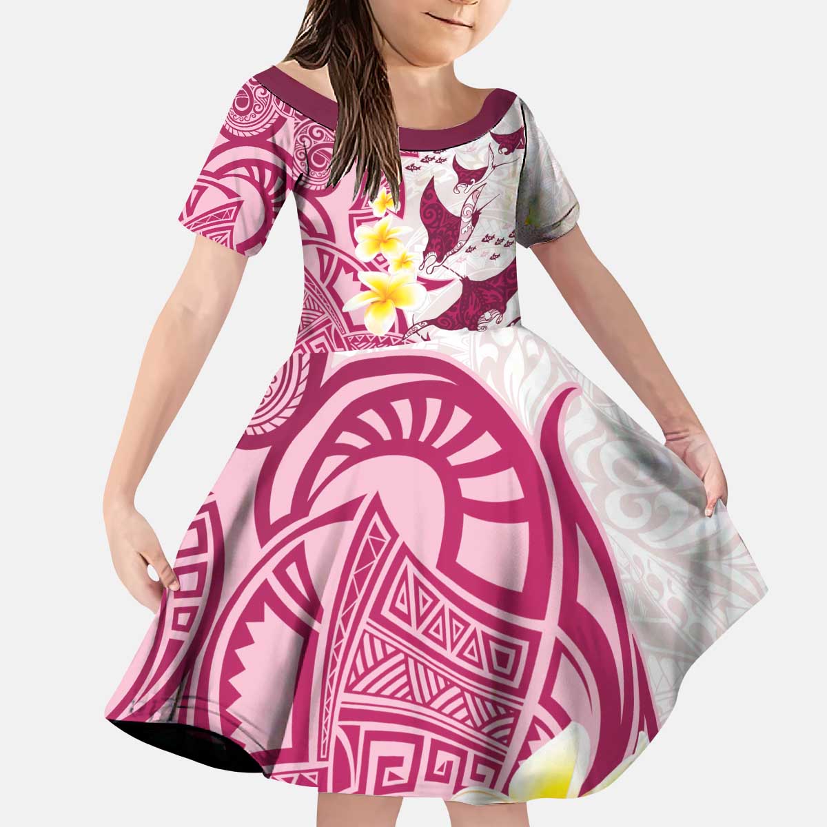 Maori Manta Ray Plumeria Royal Pink Kid Short Sleeve Dress LT01 KID Pink - Polynesian Pride