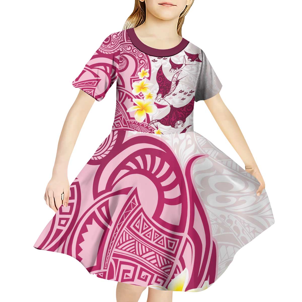 Maori Manta Ray Plumeria Royal Pink Kid Short Sleeve Dress