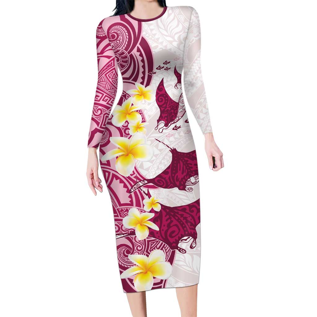 Maori Manta Ray Plumeria Royal Pink Long Sleeve Bodycon Dress LT01 Long Dress Pink - Polynesian Pride