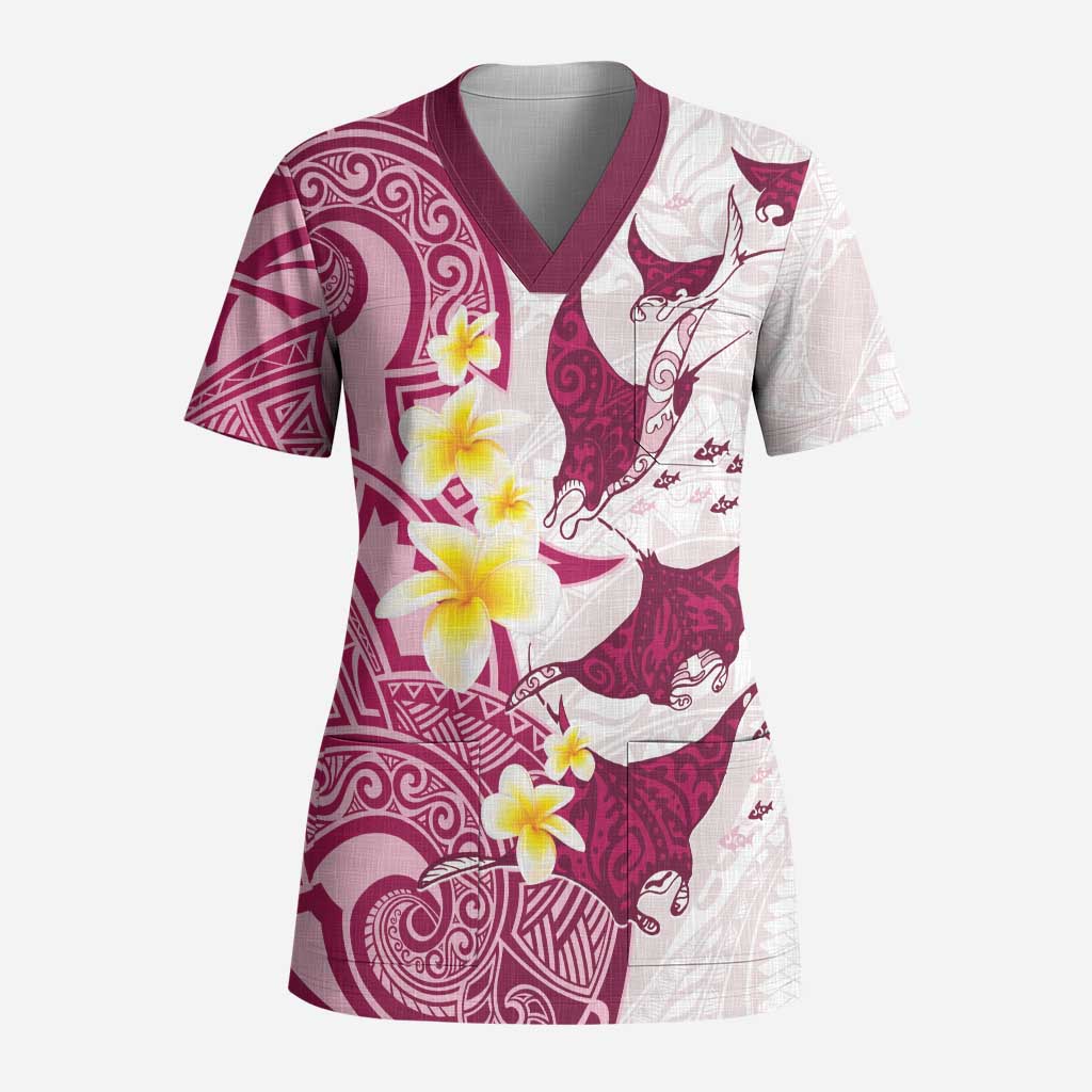 Maori Manta Ray Plumeria Royal Pink Scrub Top LT01 Adult Pink - Polynesian Pride