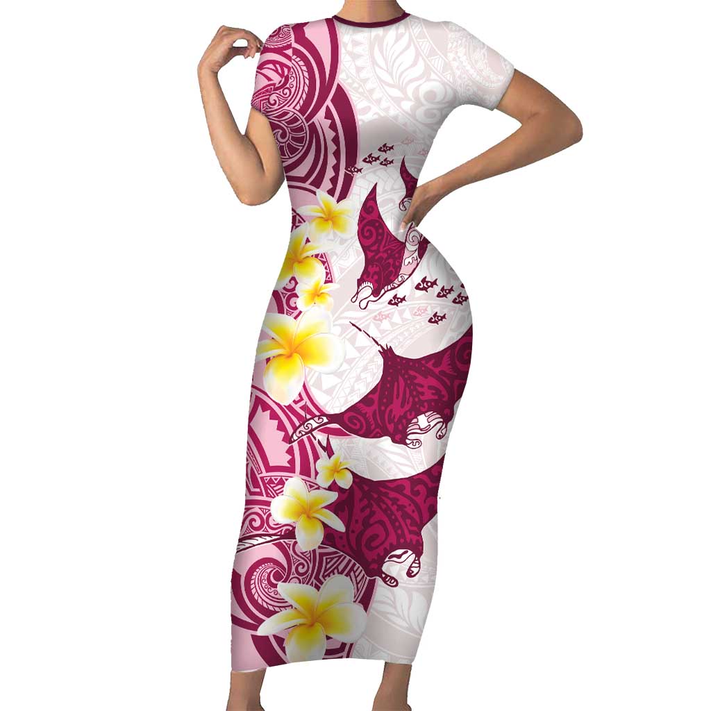 Maori Manta Ray Plumeria Royal Pink Short Sleeve Bodycon Dress LT01 Long Dress Pink - Polynesian Pride