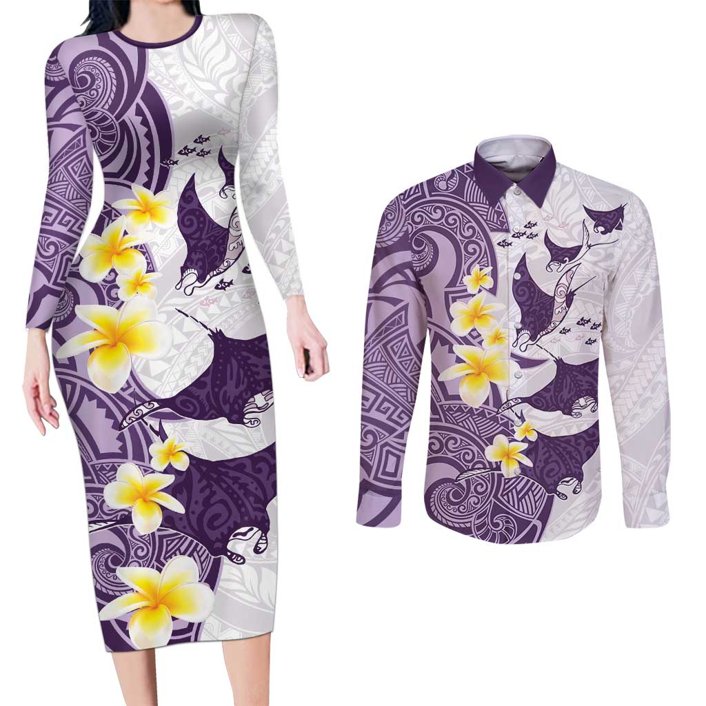 Maori Manta Ray Plumeria Deep Purple Couples Matching Long Sleeve Bodycon Dress and Long Sleeve Button Shirt