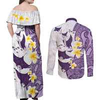 Maori Manta Ray Plumeria Deep Purple Couples Matching Off Shoulder Maxi Dress and Long Sleeve Button Shirt