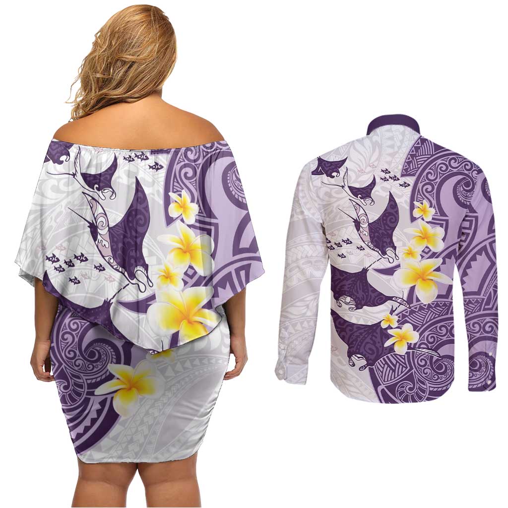 Maori Manta Ray Plumeria Deep Purple Couples Matching Off Shoulder Short Dress and Long Sleeve Button Shirt