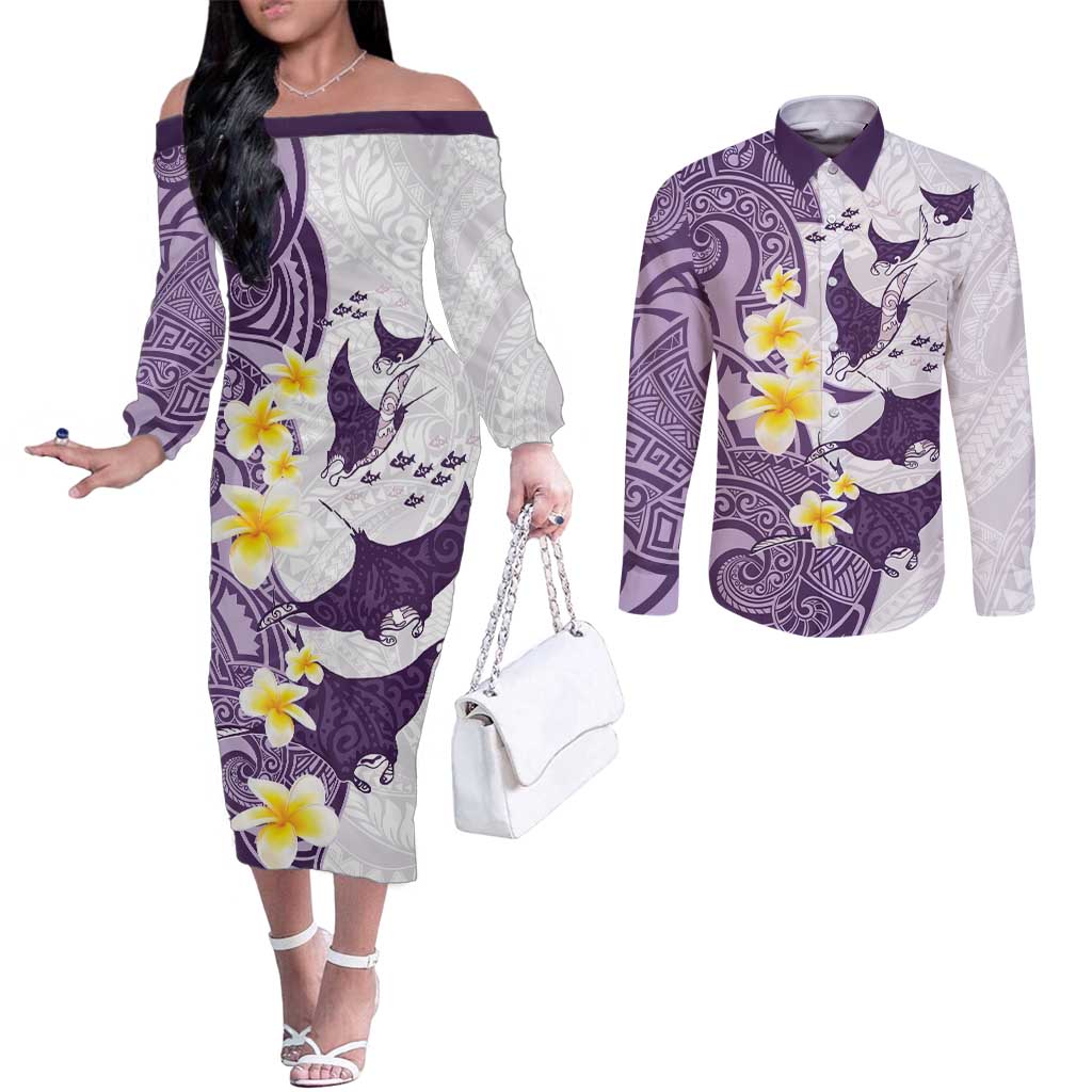 Maori Manta Ray Plumeria Deep Purple Couples Matching Off The Shoulder Long Sleeve Dress and Long Sleeve Button Shirt